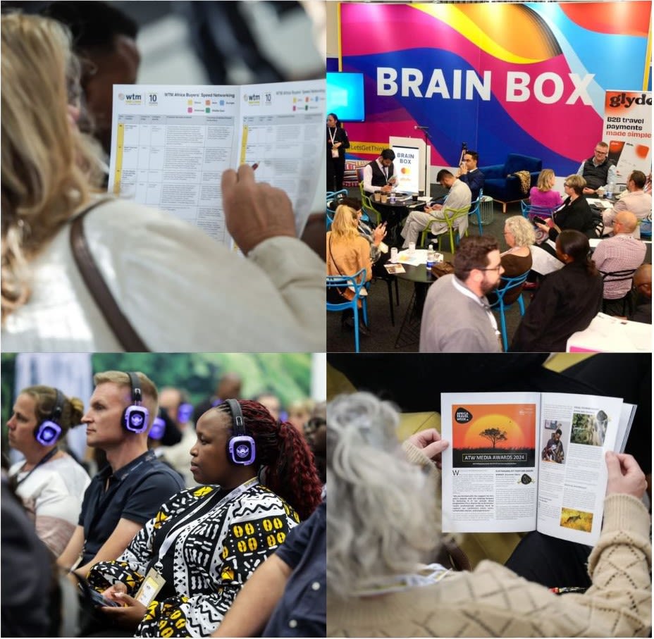 Four images from WTM Africa, clockwise from top left, a person looking at the programme, people talking to one another, person reading the African Media Awards programme and people sat in the audience listening to a presentation