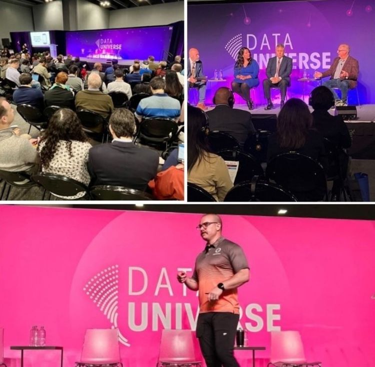 Montage of photos of speakers on stage at Data Universe